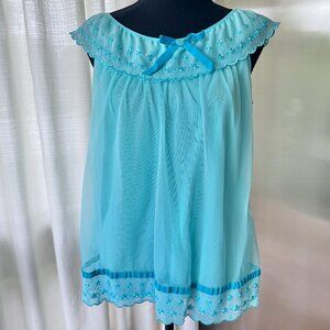 Vintage 1970s sleepwear top, turquoise negligee, sleeveless babydoll